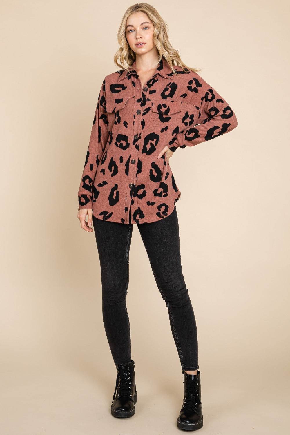 BOMBOM Animal Print Button Up Knit Shacket - Delanoir