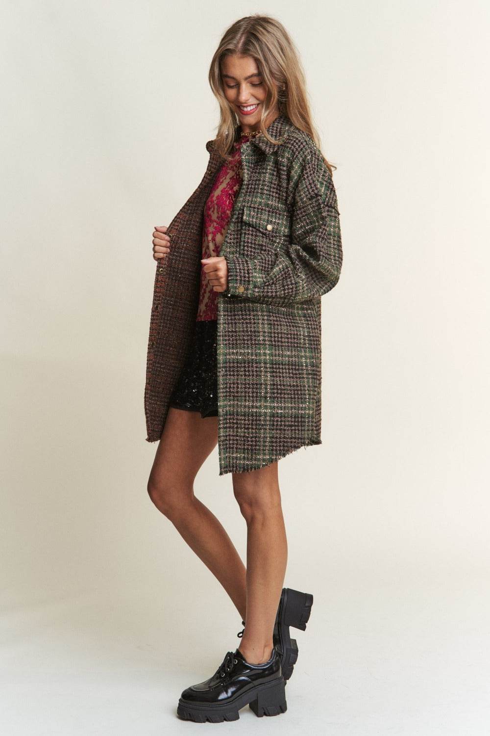J.NNA Snap Down Tweed Plaid Contrast Longline Shacket - Delanoir