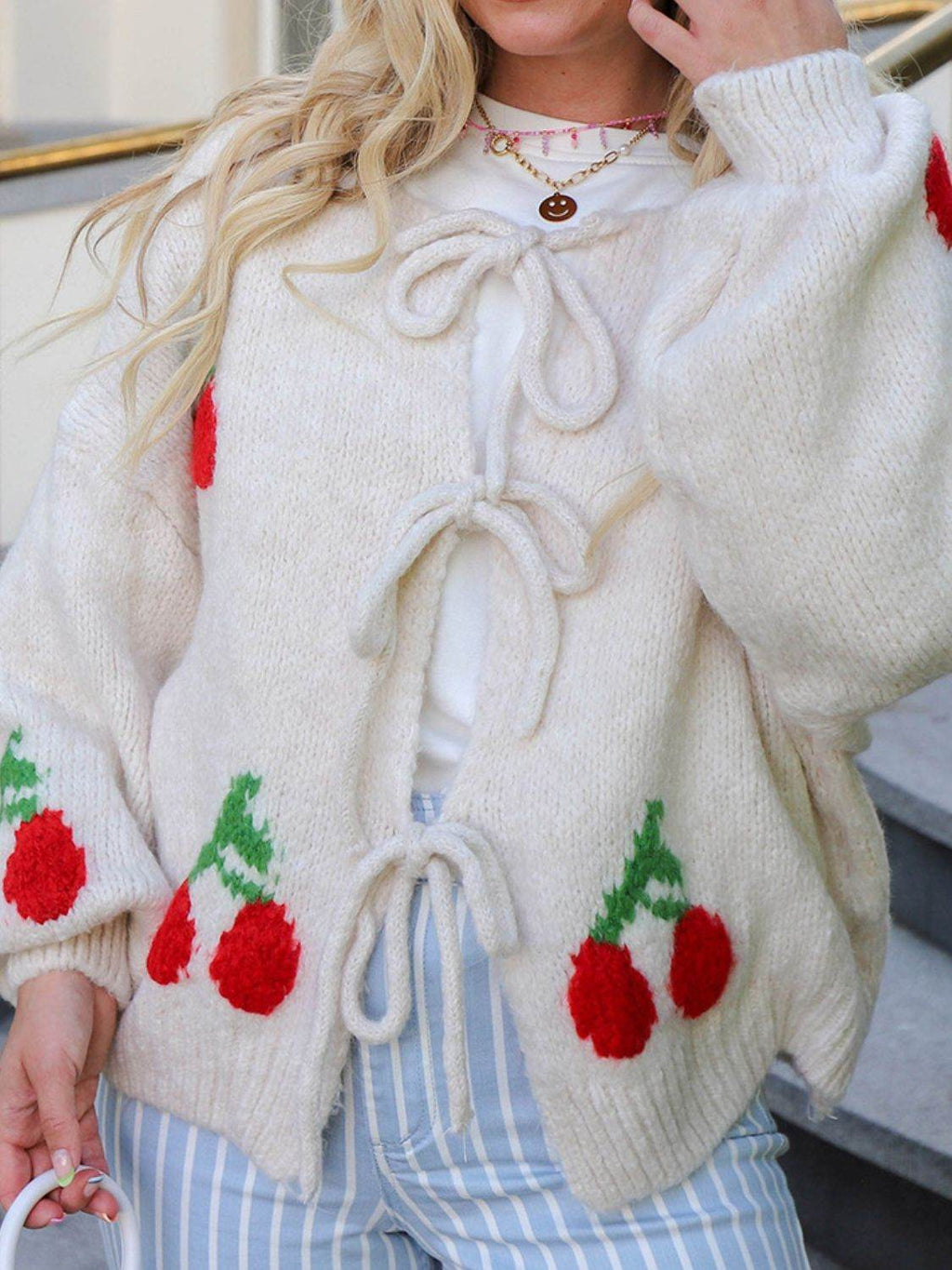 Tied Cherry Round Neck Long Sleeve Cardigan - Delanoir