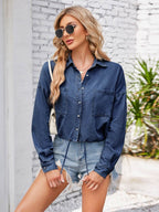 Button Up Long Sleeve Denim Jacket with Breast Pockets - Delanoir