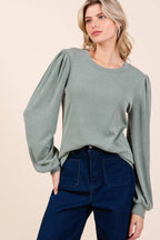 Mittoshop Round Neck Long Sleeve Rib Knit Top - Delanoir