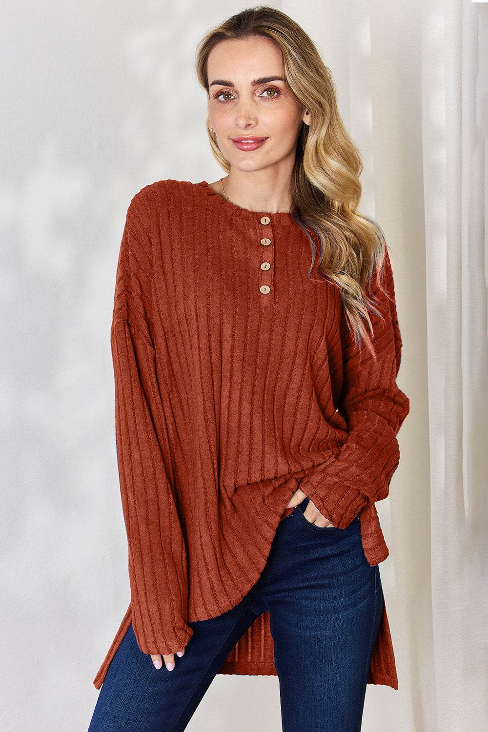 Basic Bae Full Size Ribbed Half Button Long Sleeve High-Low T-Shirt - Delanoir