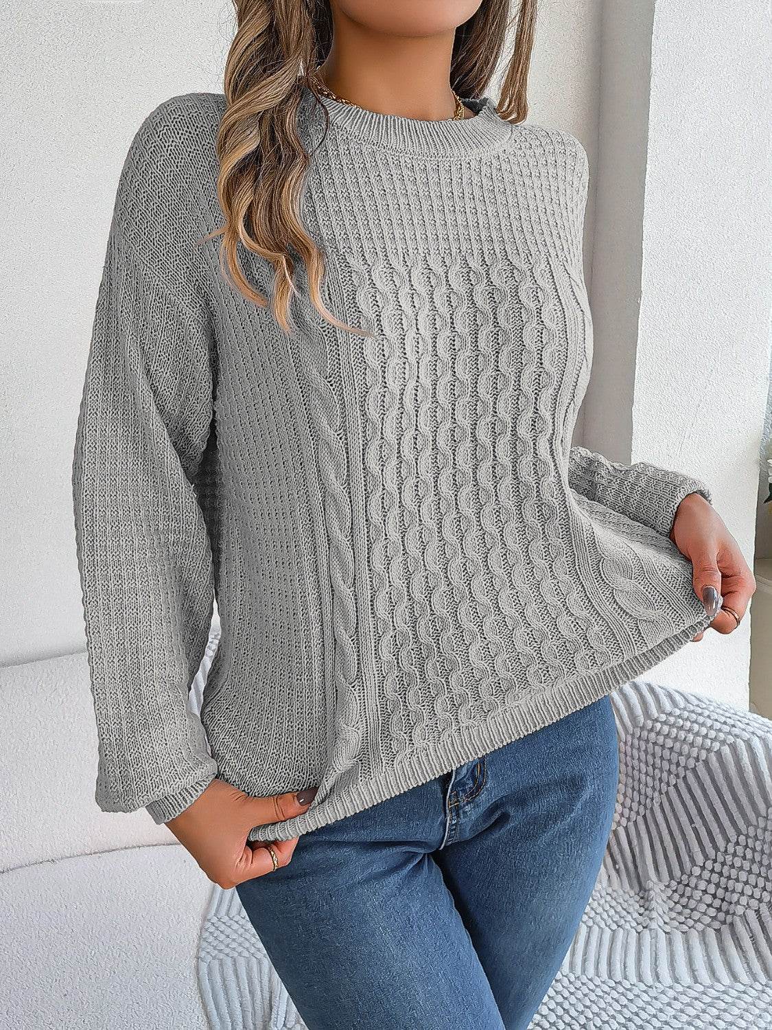 Cable-Knit Round Neck Long Sleeve Sweater - Delanoir