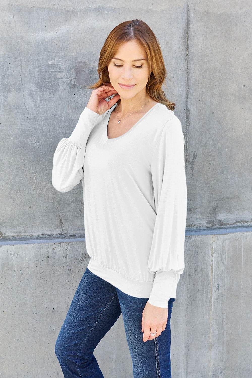 Basic Bae Full Size V-Neck Lantern Sleeve Top - Delanoir