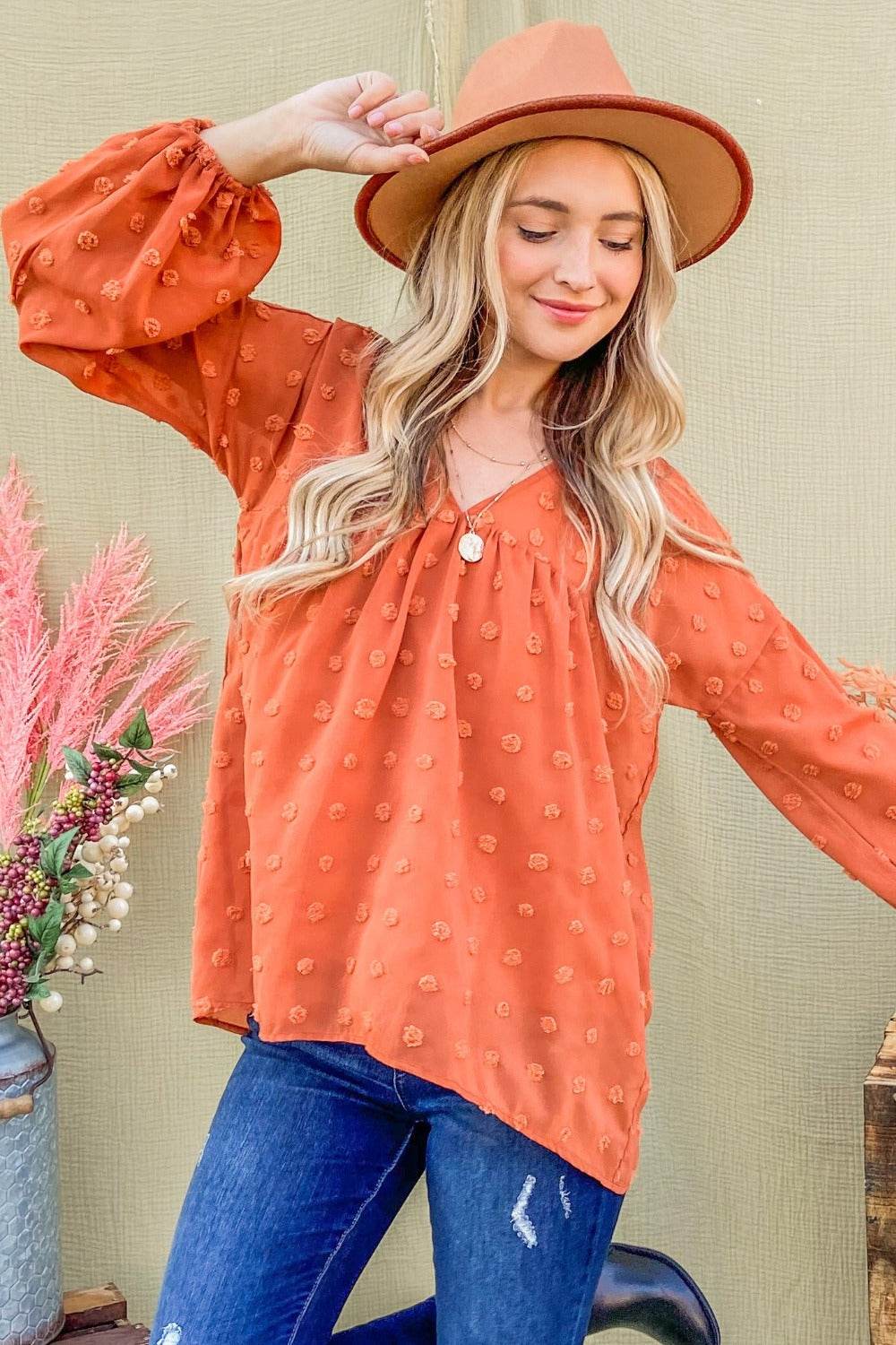 And The Why Swiss Dot V Neck Balloon Sleeve Woven Blouse - Delanoir