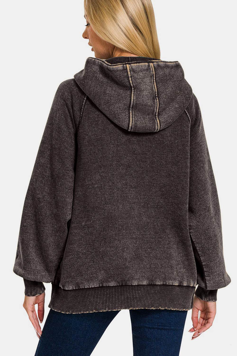 Zenana Acid Wash Fleece Kangaroo Hoodie - Delanoir