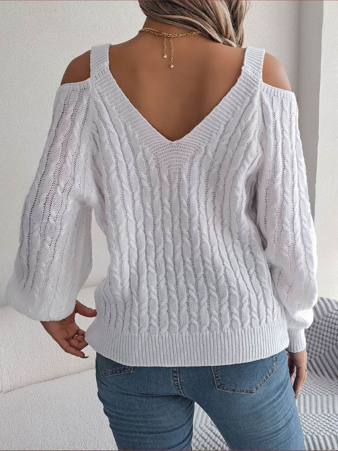 Cable-Knit Cold Shoulder Long Sleeve Sweater - Delanoir