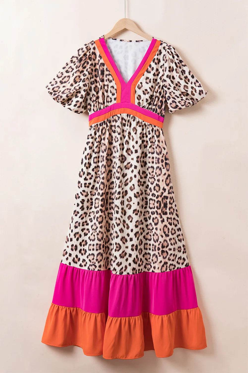 Full Size Leopard V-Neck Half Sleeve Maxi Dress - Delanoir