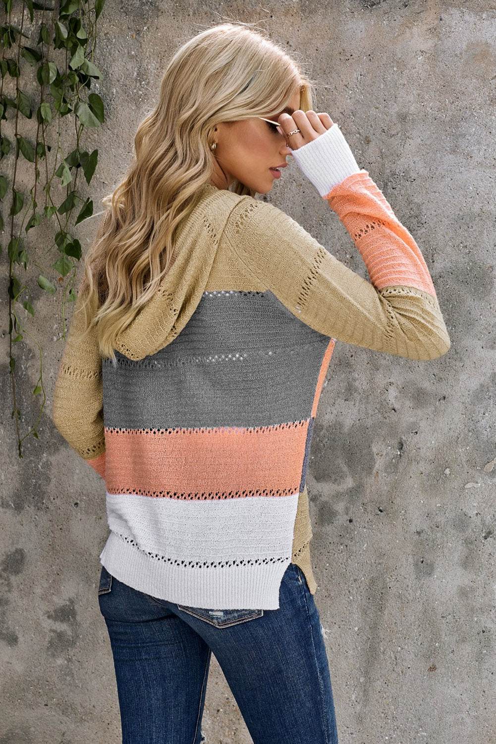 Zip-Up Raglan Sleeve Openwork Hooded Cardigan - Delanoir