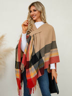 Fringe Contrast Plaid Poncho - Delanoir