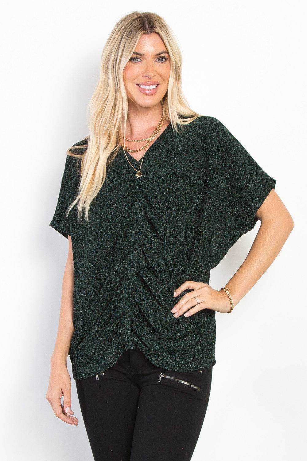 Be Stage Full Size Lurex Center Elastic Cinched Knit Top - Delanoir