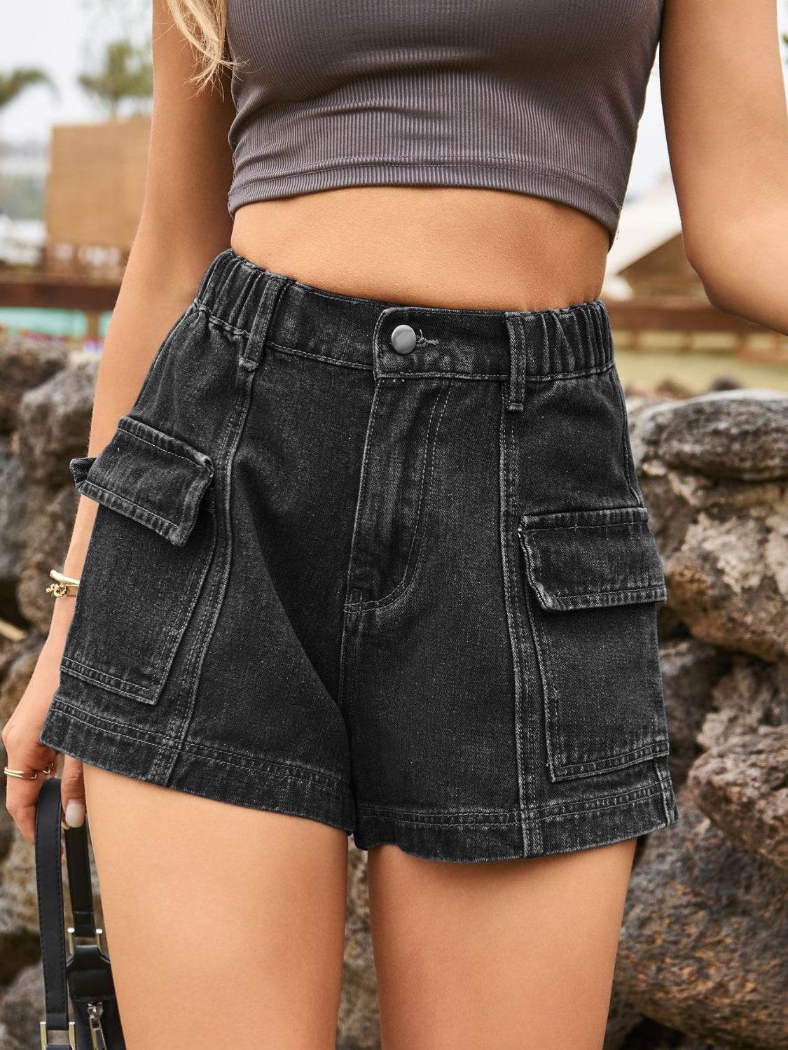High Waist Denim Shorts with Pockets - Delanoir