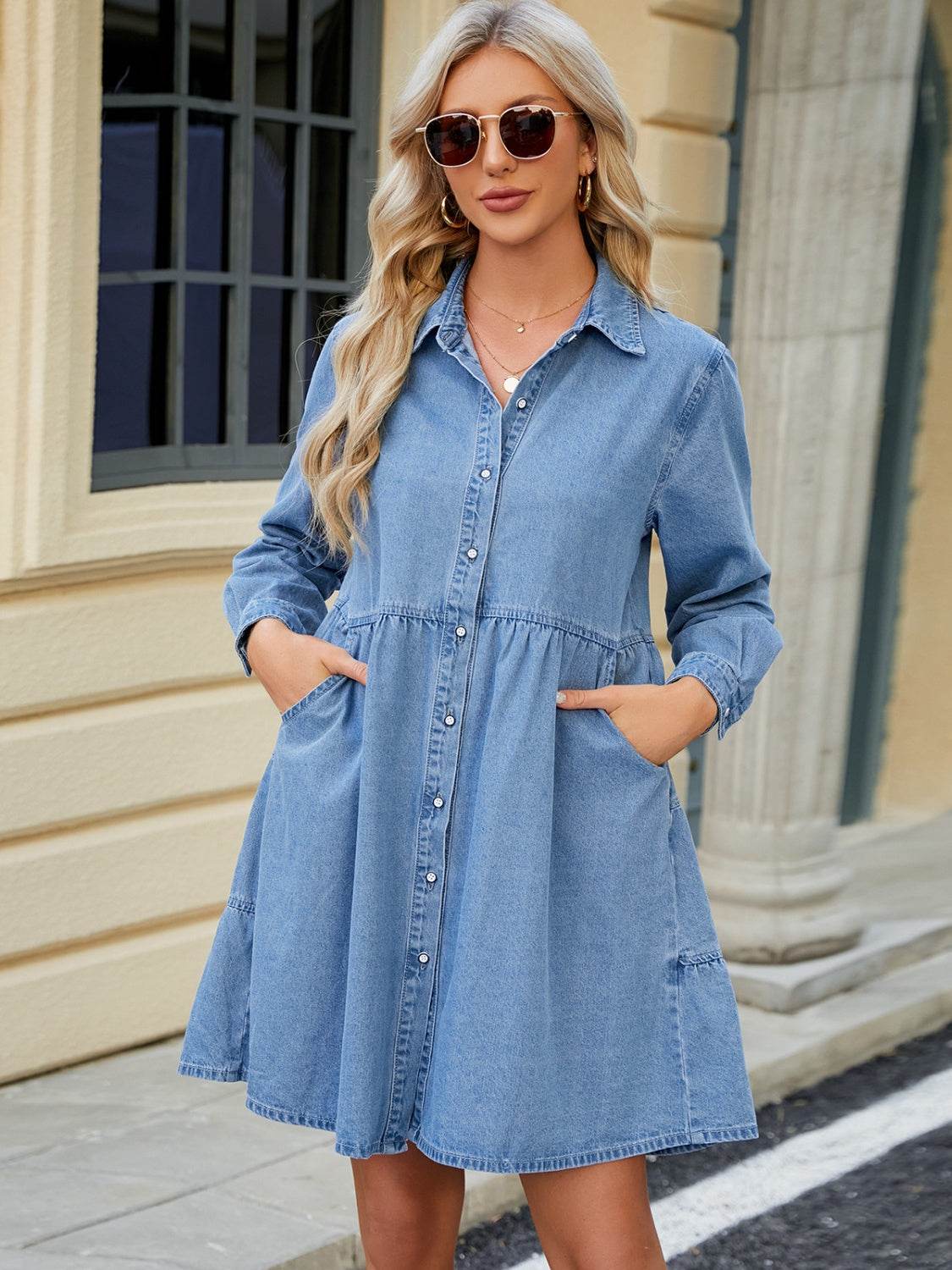 Tiered Button Up Long Sleeve Denim Dress - Delanoir