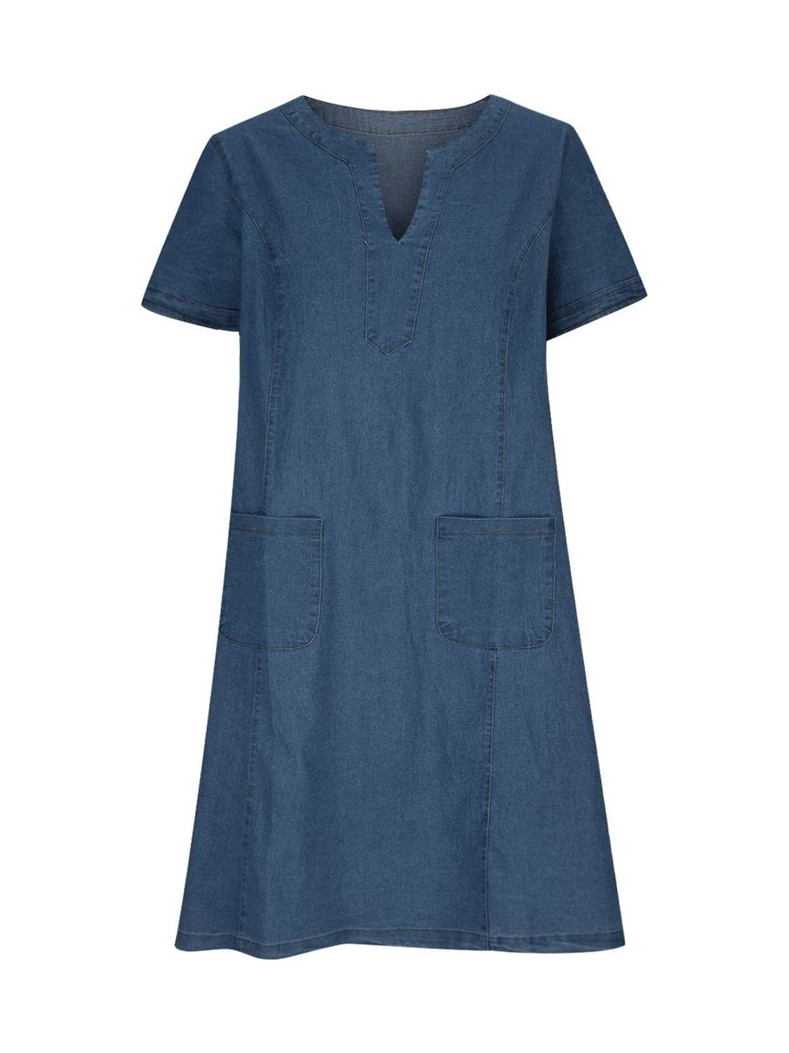Full Size Notched Short Sleeve Denim Dress - Delanoir