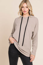 BOMBOM Contrast Drawstring Drop Shoulder Knit Hoodie - Delanoir