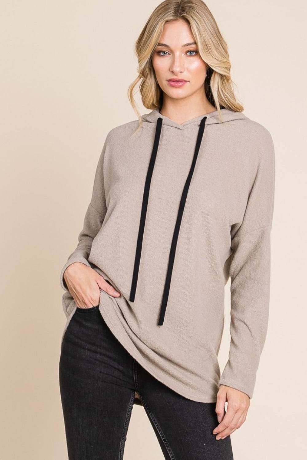 BOMBOM Contrast Drawstring Drop Shoulder Knit Hoodie - Delanoir