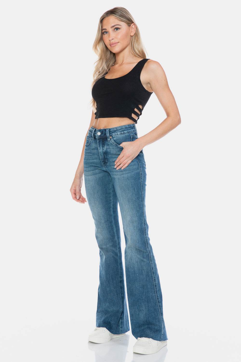Judy Blue Full Size Tummy Control Cut Hem Flare Jeans - Delanoir