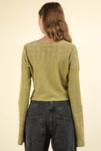 VERY J V-Neck Lace Detail Button Down Crop Ribbed Knit Top - Delanoir