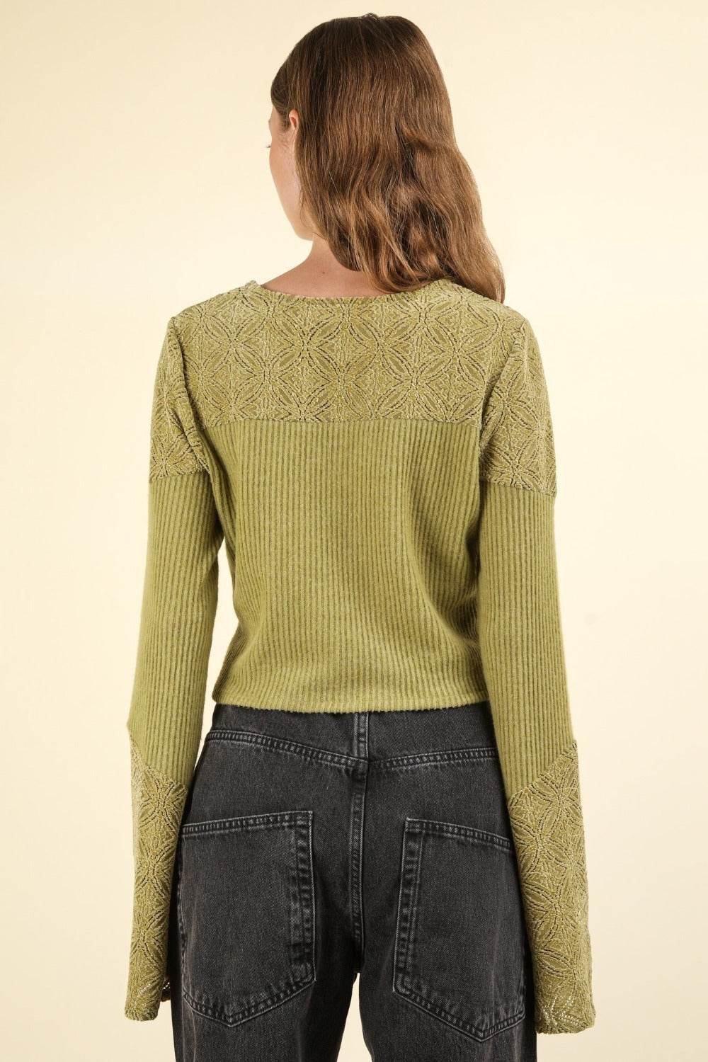 VERY J V-Neck Lace Detail Button Down Crop Ribbed Knit Top - Delanoir
