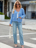 Round Neck Button Up Cardigan with Pockets - Delanoir