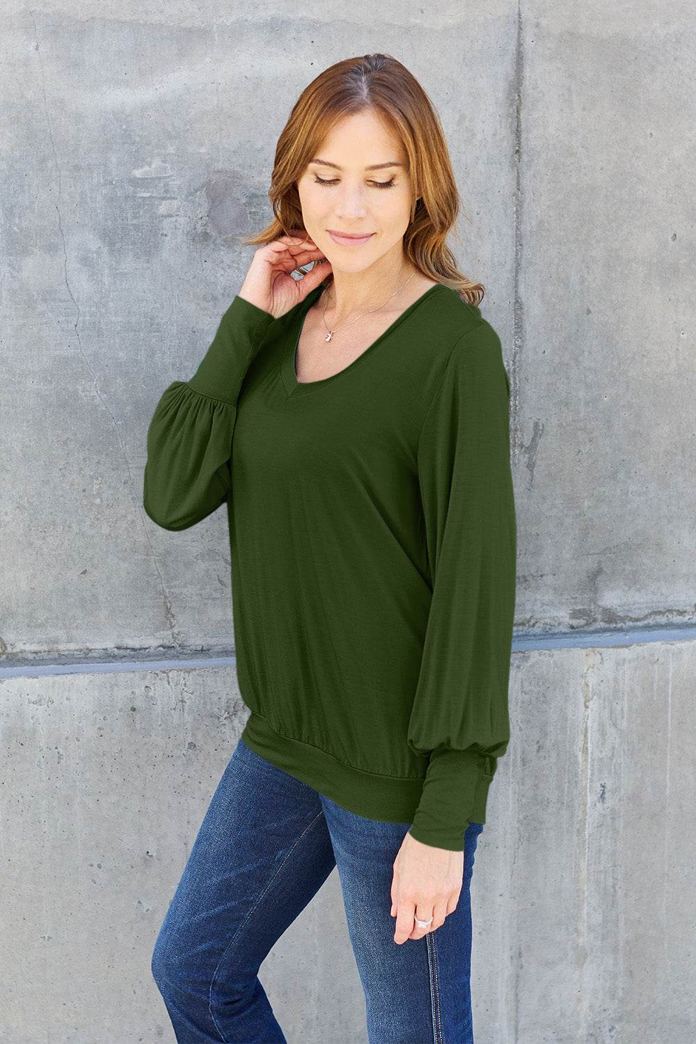 Basic Bae Full Size V-Neck Lantern Sleeve Top - Delanoir