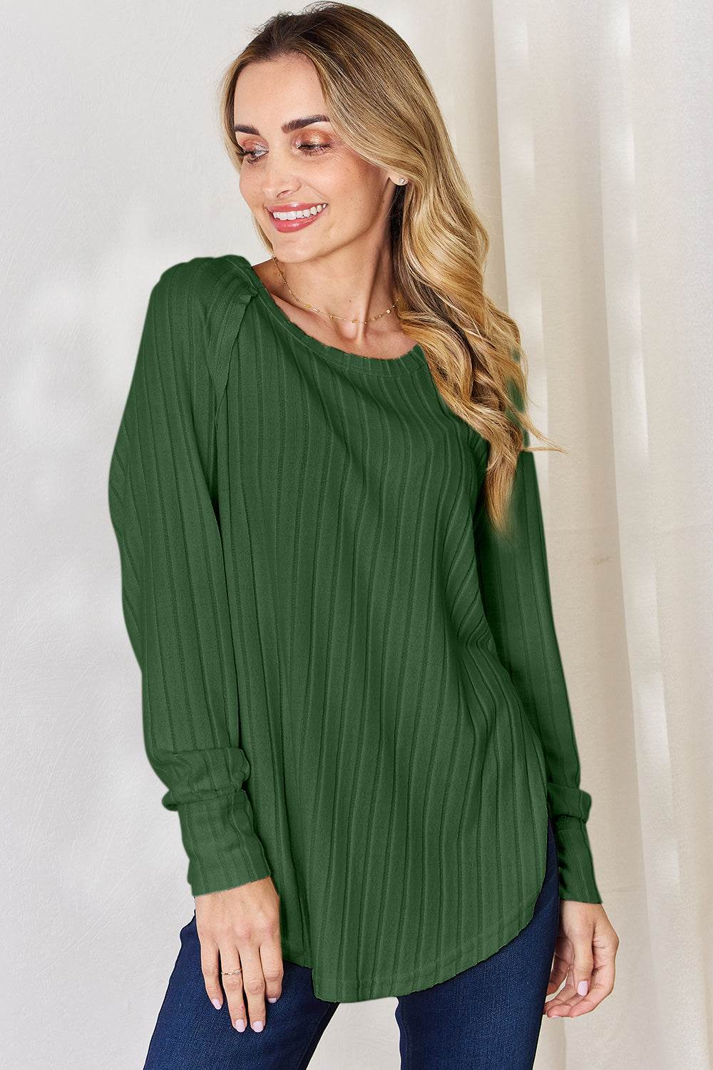 Basic Bae Full Size Ribbed Round Neck Slit T-Shirt - Delanoir
