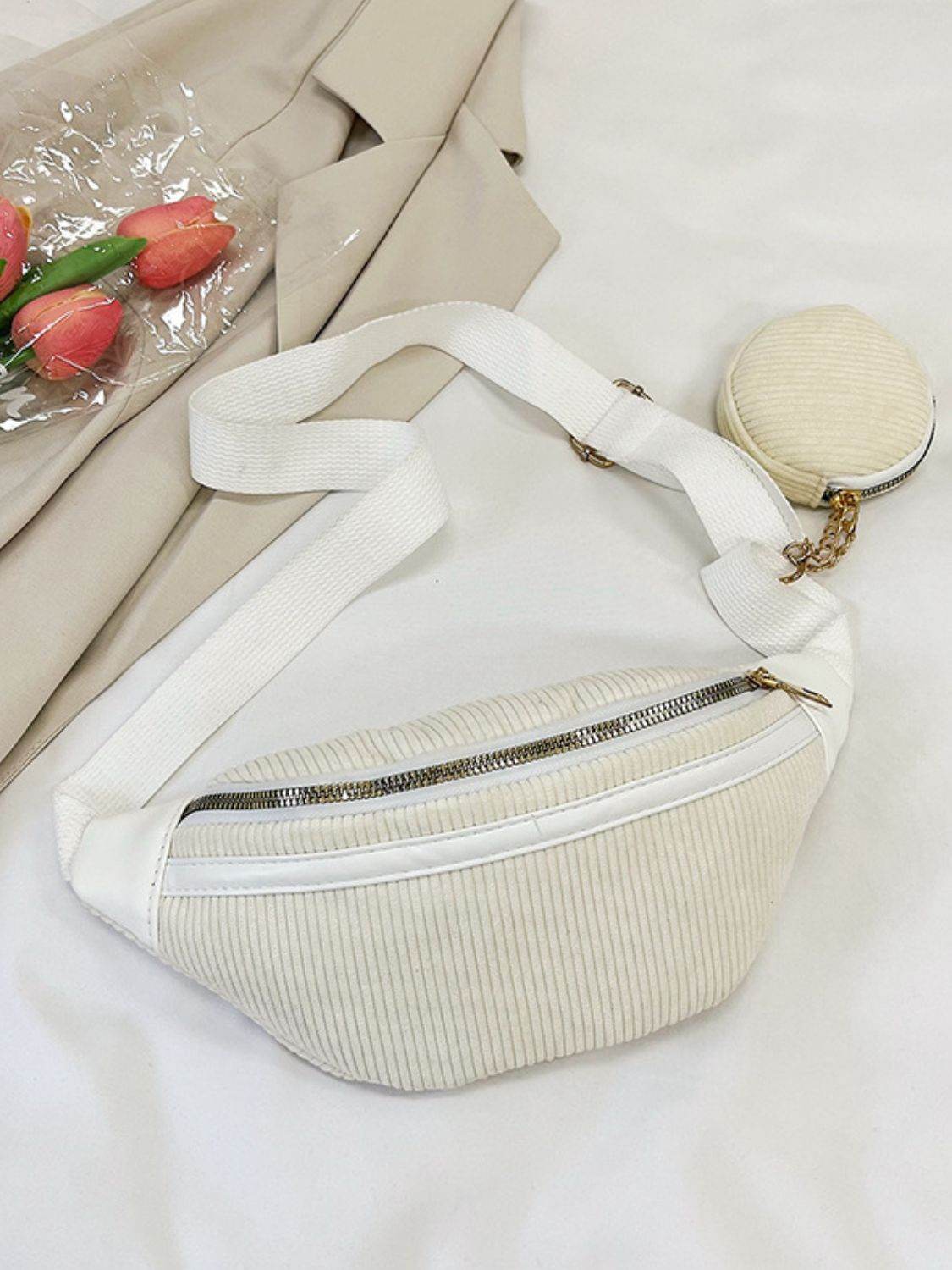 Corduroy Adjustable Strap Crossbody Bag with Pouch - Delanoir