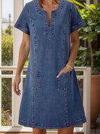 Full Size Notched Short Sleeve Denim Dress - Delanoir