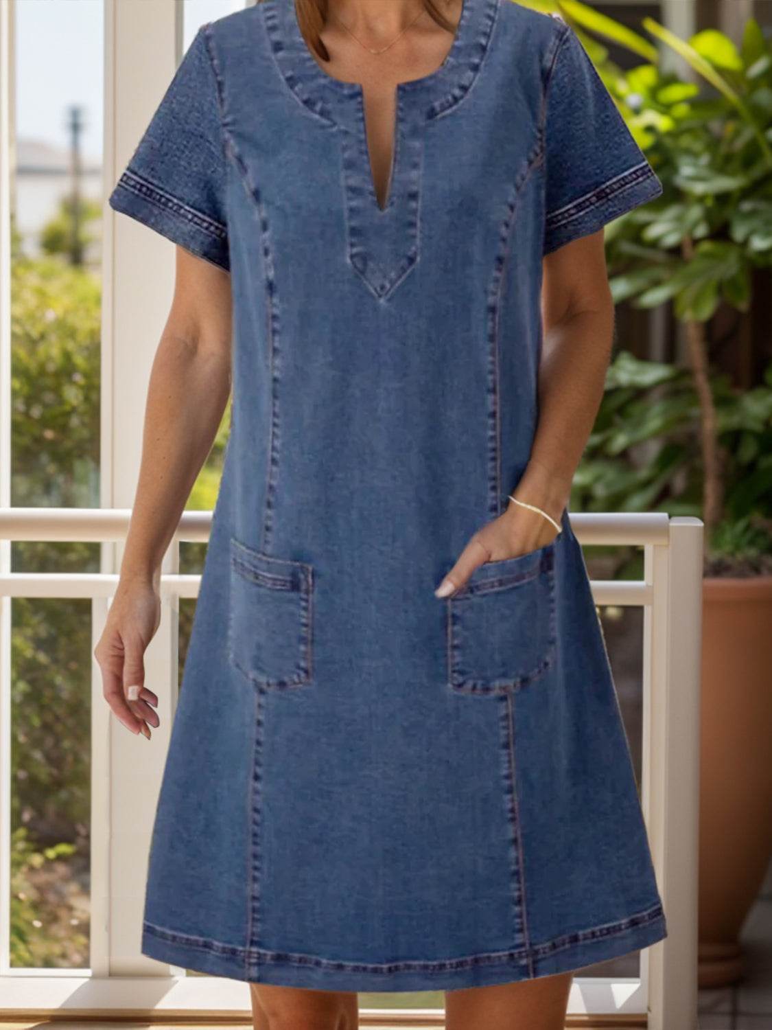 Full Size Notched Short Sleeve Denim Dress - Delanoir