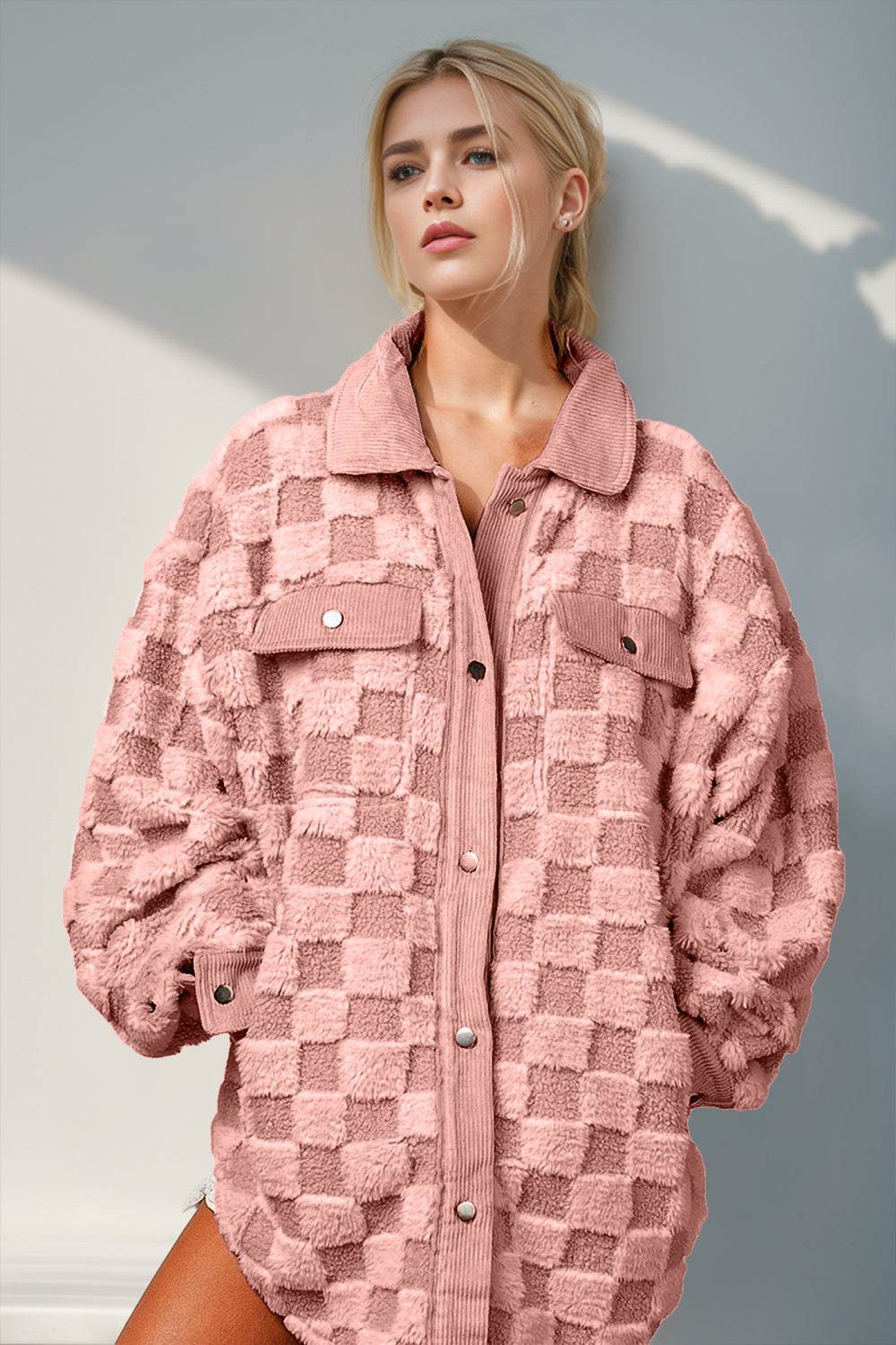 Double Take Button Up Fuzzy Checkered Shacket - Delanoir