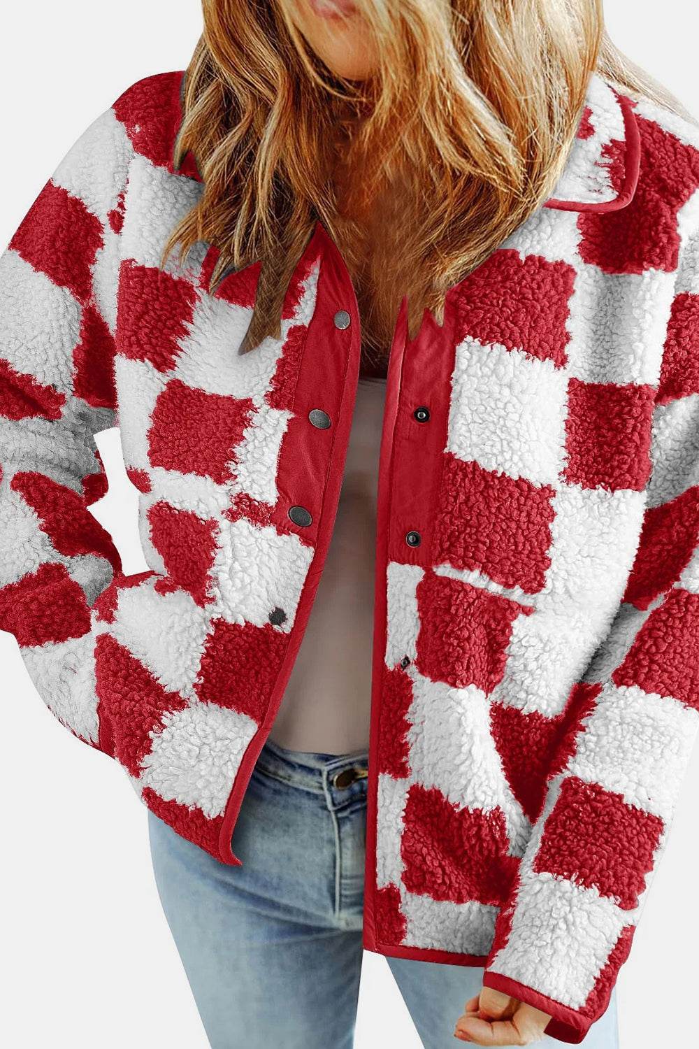 Checkered Snap Down Long Sleeve Teddy Jacket - Delanoir