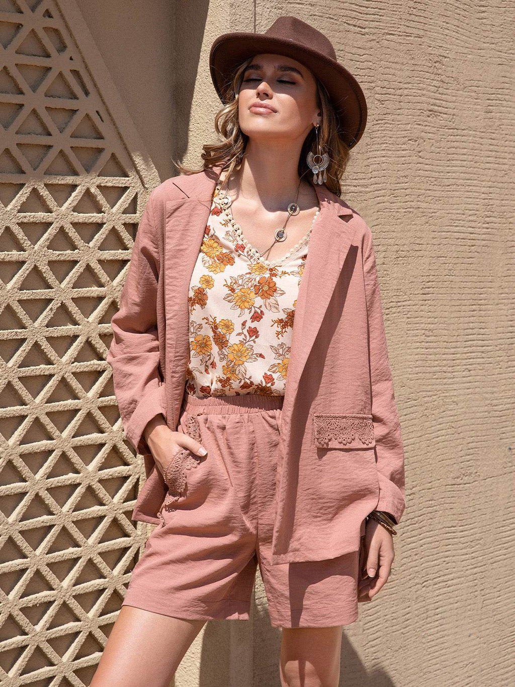 Lace Detail Collared Neck Long Sleeve Top and Shorts Set - Delanoir