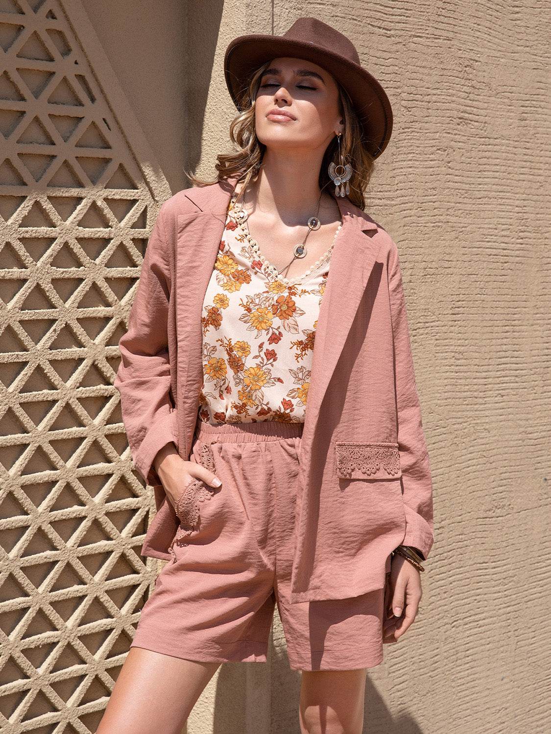 Lace Detail Collared Neck Long Sleeve Top and Shorts Set - Delanoir