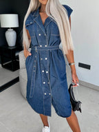 Collared Neck Cap Sleeve Denim Dress - Delanoir