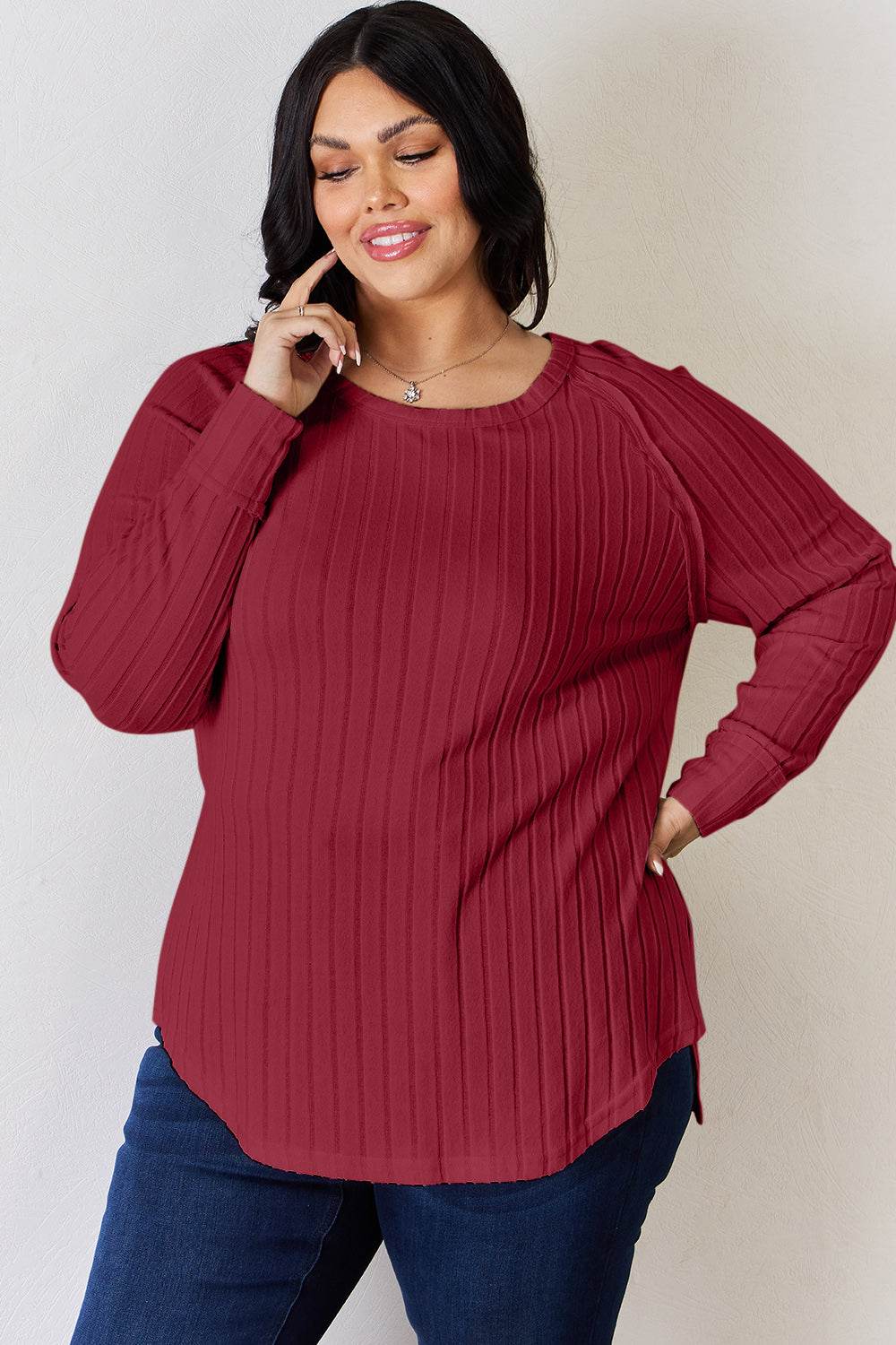 Basic Bae Full Size Ribbed Round Neck Slit T-Shirt - Delanoir