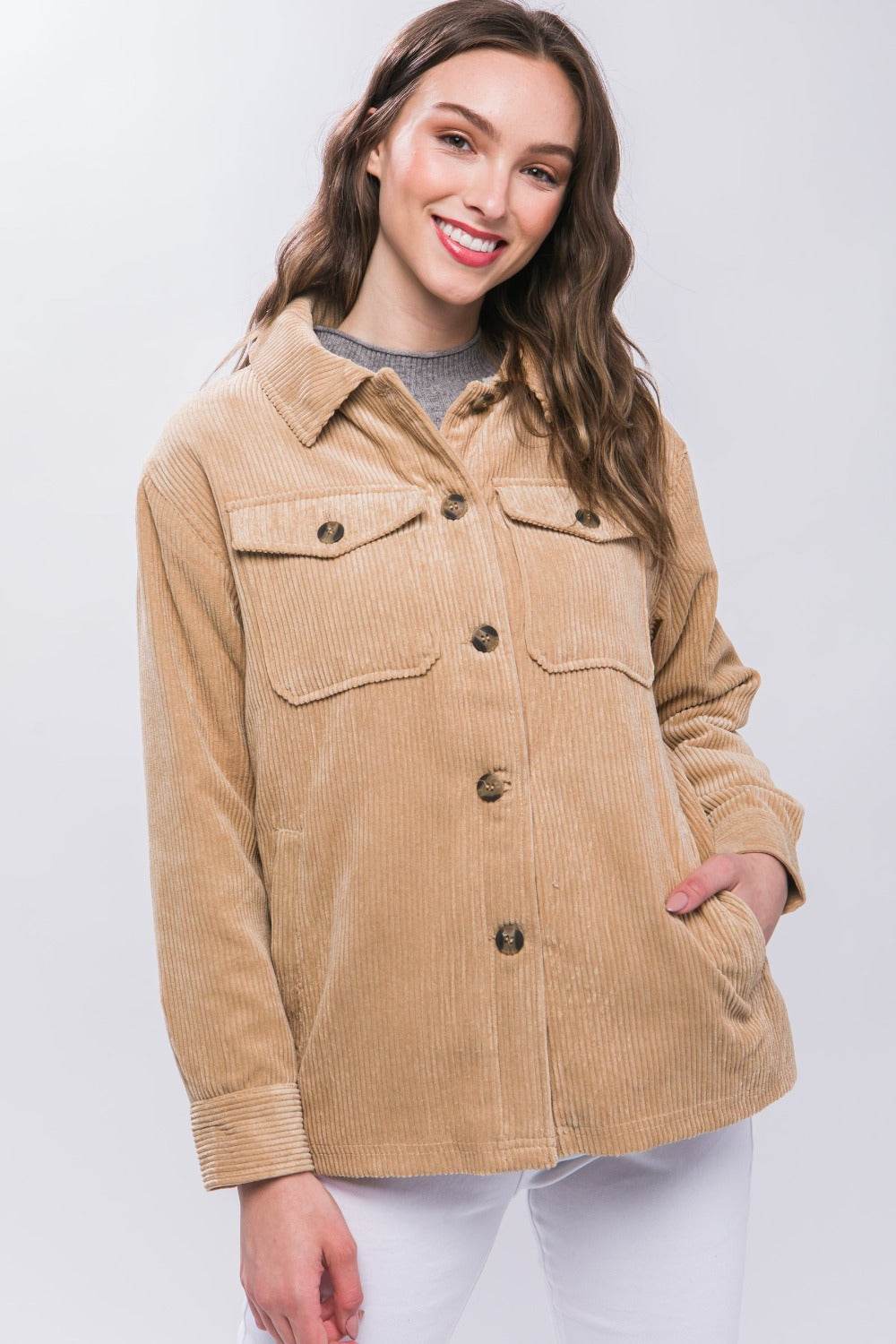 Love Tree Corduroy Button Up Jacket with Sherpa Inside - Delanoir