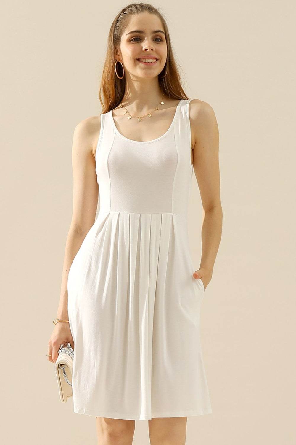 Doublju Full Size Round Neck Ruched Sleeveless Dress with Pockets - Delanoir