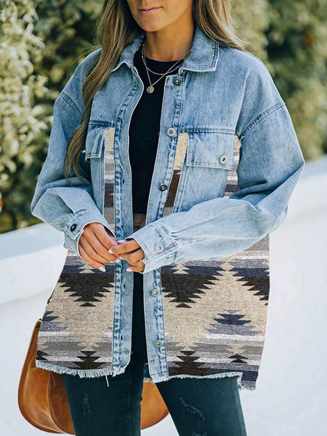 Collared Neck Dropped Shoulder Denim Jacket - Delanoir