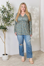 Heimish Full Size Floral Half Button Long Sleeve Blouse - Delanoir