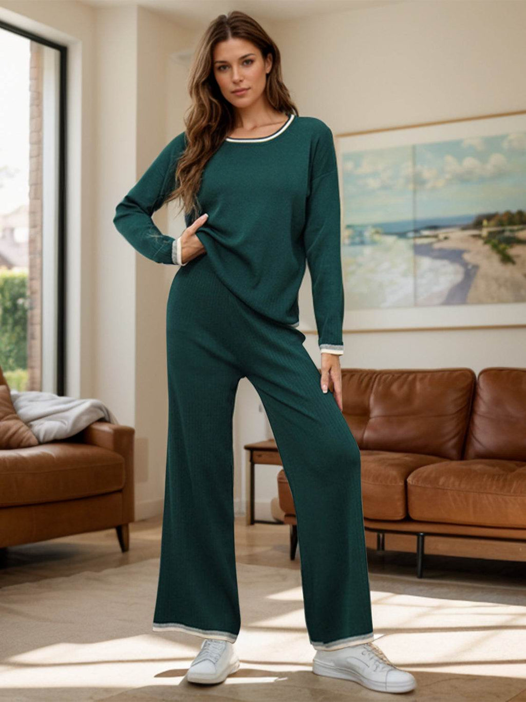Contrast Trim Round Neck Top and Pants Sweater Set - Delanoir