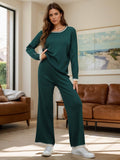 Contrast Trim Round Neck Top and Pants Sweater Set - Delanoir