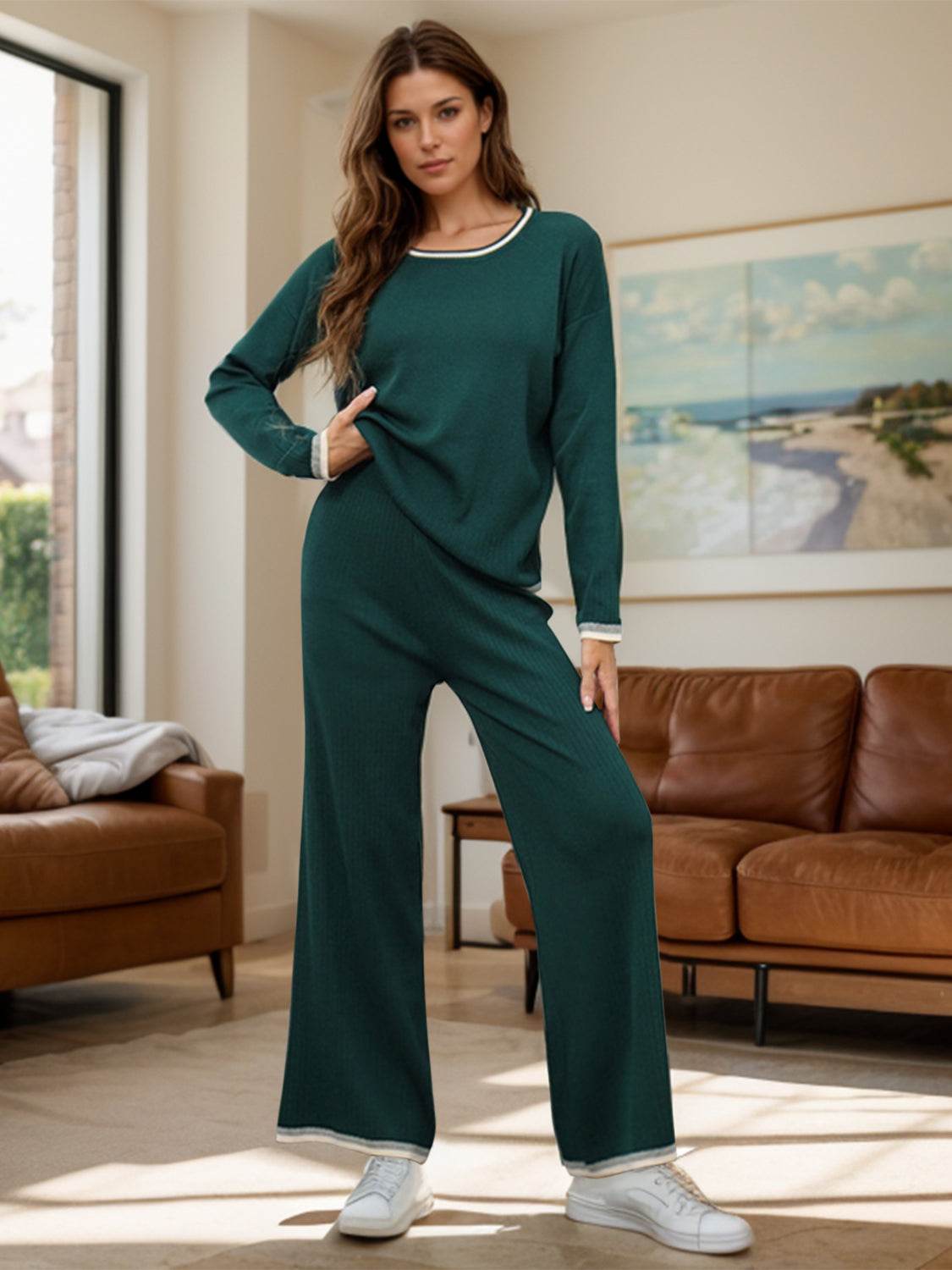 Contrast Trim Round Neck Top and Pants Sweater Set - Delanoir