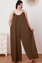 Double Take Full Size Ruffle Trim Tie Back Cami Jumpsuit with Pockets - Delanoir