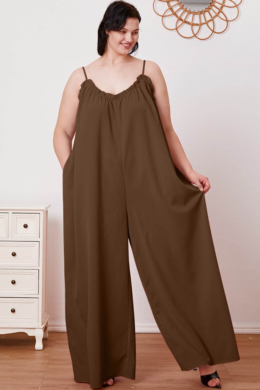 Double Take Full Size Ruffle Trim Tie Back Cami Jumpsuit with Pockets - Delanoir