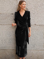 Surplice Puff Sleeve Midi Dress - Delanoir