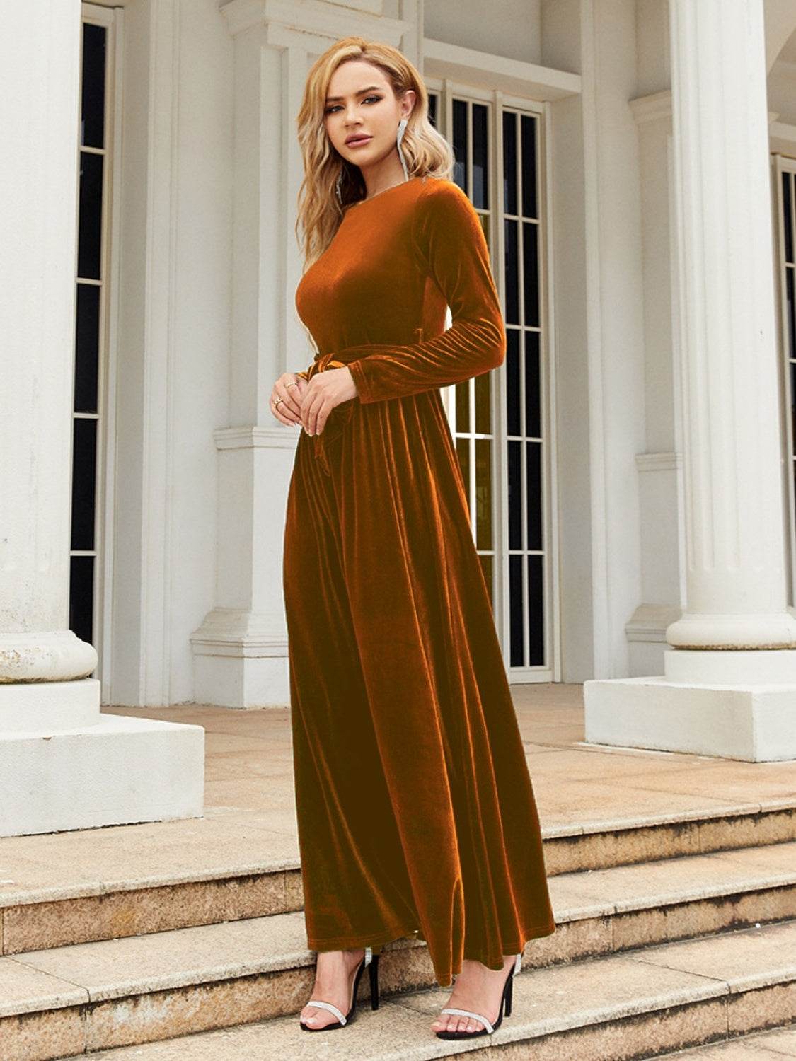 Tie Front Round Neck Long Sleeve Maxi Dress - Delanoir