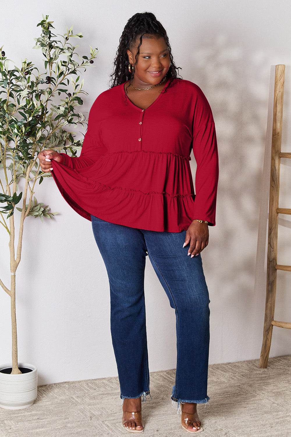 Double Take Half Button Long Sleeve Ruffle Hem Blouse - Delanoir