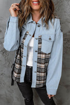 Plaid Pocketed Button Up Denim Jacket - Delanoir