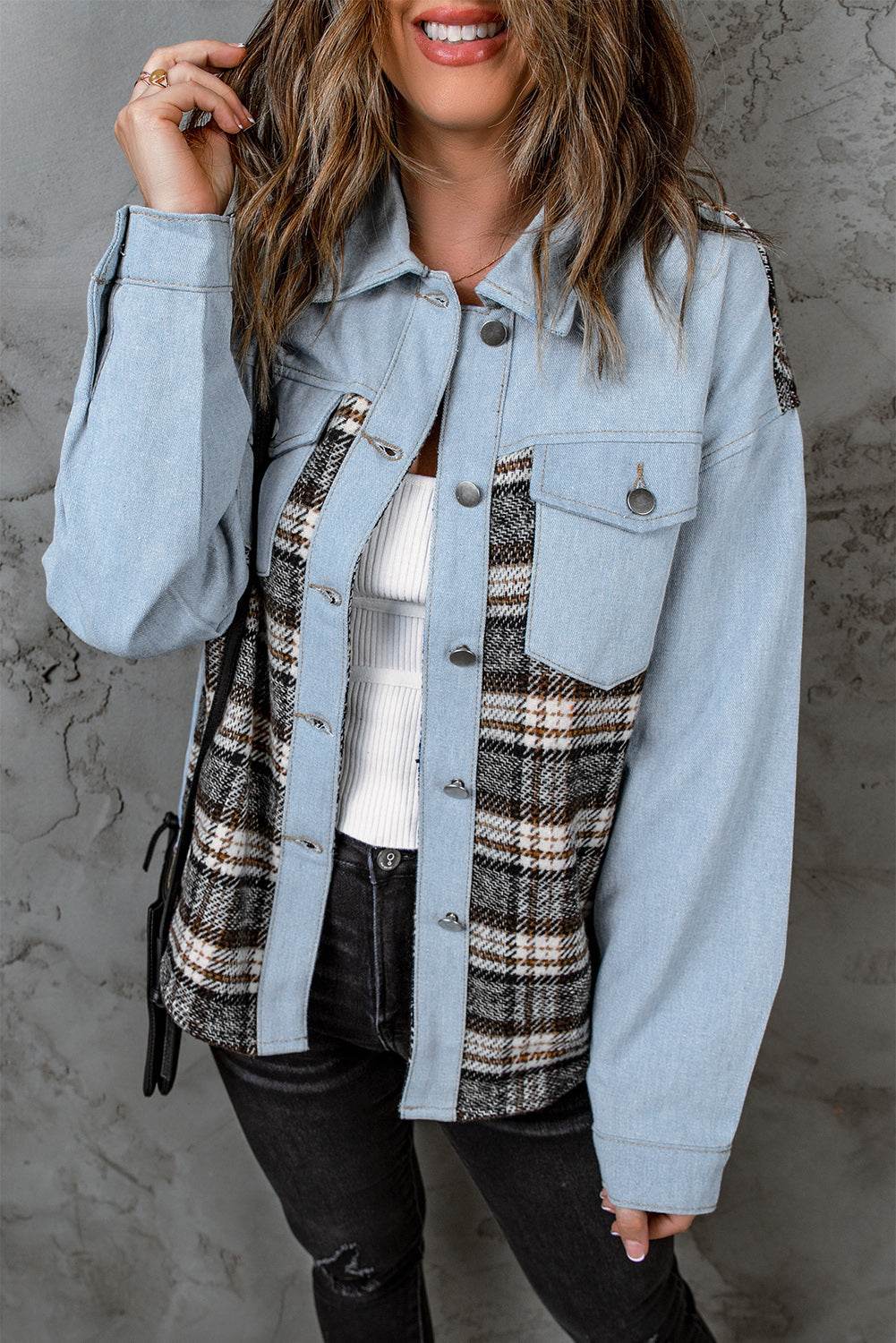 Plaid Pocketed Button Up Denim Jacket - Delanoir