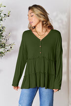 Double Take Half Button Long Sleeve Ruffle Hem Blouse - Delanoir